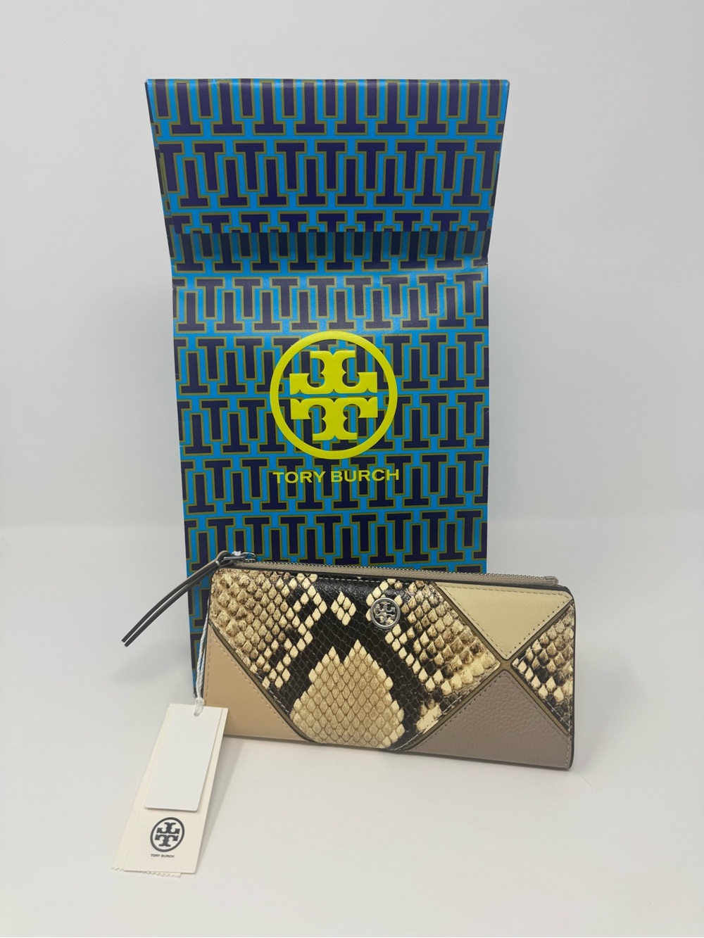 NWT Tory Burch Robinson Snake Embossed Zip Slim Wallet Coriander Multi